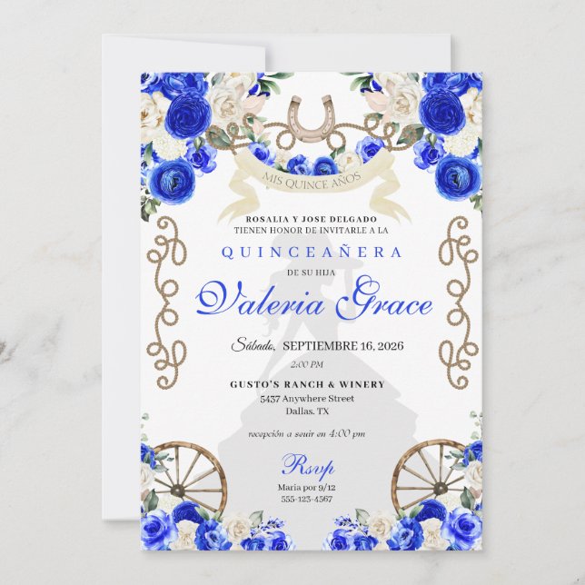 Convite Royal Blue Rustic Western Charro, Quinceañera (Frente)