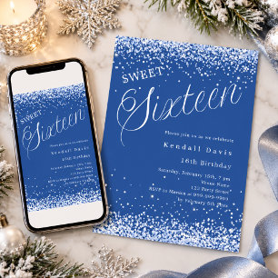Convite Royal Blue Script Moderno Sweet 16