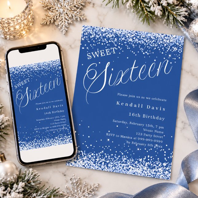 Convite Royal Blue Script Moderno Sweet 16 (Criador carregado)