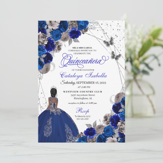 Convite Royal Blue Silver Butterfly Princess Quinceanera (Em pé/Frente)