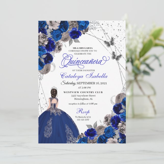 Convite Royal Blue Silver Butterfly Princess Quinceanera (Em pé/Frente)