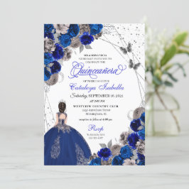 Convite Royal Blue Silver Butterfly Princess Quinceanera
