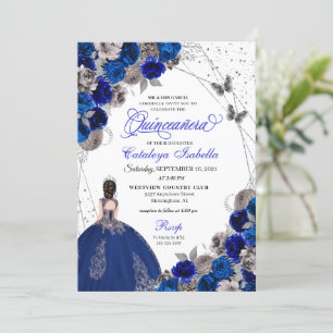 Convite Royal Blue Silver Butterfly Princess Quinceanera