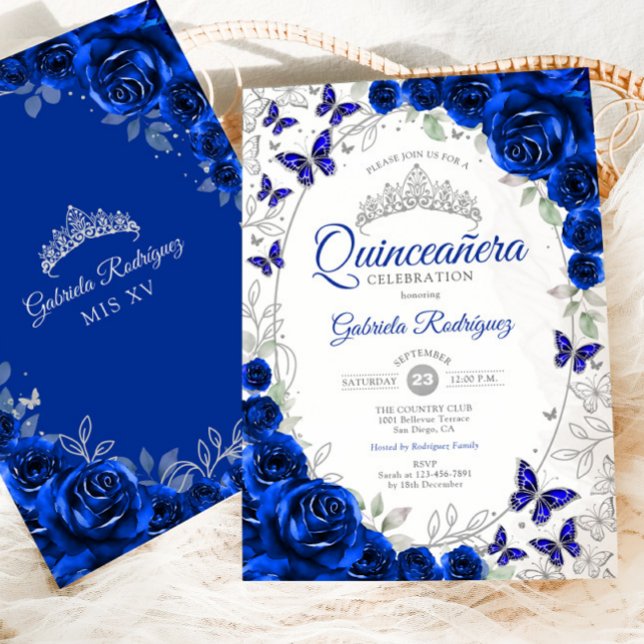 Convite Royal Blue Silver Floral Quinceanera (Criador carregado)