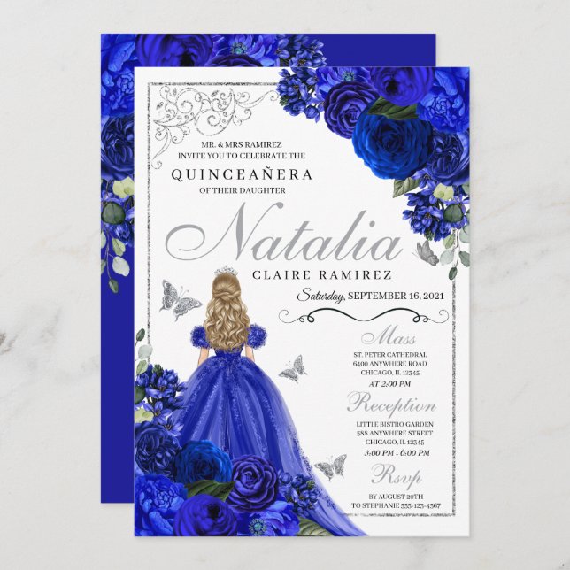 Convite Royal Blue Silver Princess Butterflies Quinceañera (Frente/Verso)