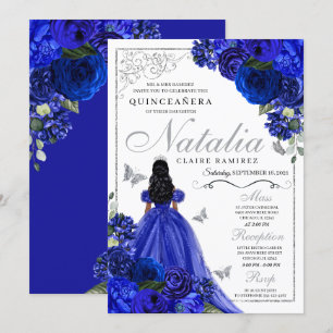 Convite Royal Blue Silver Princess Butterflies Quinceañera