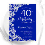 Convite Royal Blue Silver Rosa<br><div class="desc">Convite de festas de aniversário de 40 anos floral azul real. Design elegante com rosas, folha de falso prata e letra de script de tipografia. A Trendy convida o cartão perfeito para uma festa de na moda. Pode ser personalizado para qualquer idade. Impressos convites Zazzle ou modelo de impressão digital...</div>