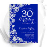 Convite Royal Blue Silver Rosa<br><div class="desc">Convite de festas de aniversário de 30 anos floral azul real. Design elegante com rosas, folha de falso prata e letra de script de tipografia. A Trendy convida o cartão perfeito para uma festa de na moda. Pode ser personalizado para qualquer idade. Impressos convites Zazzle ou modelo de impressão digital...</div>