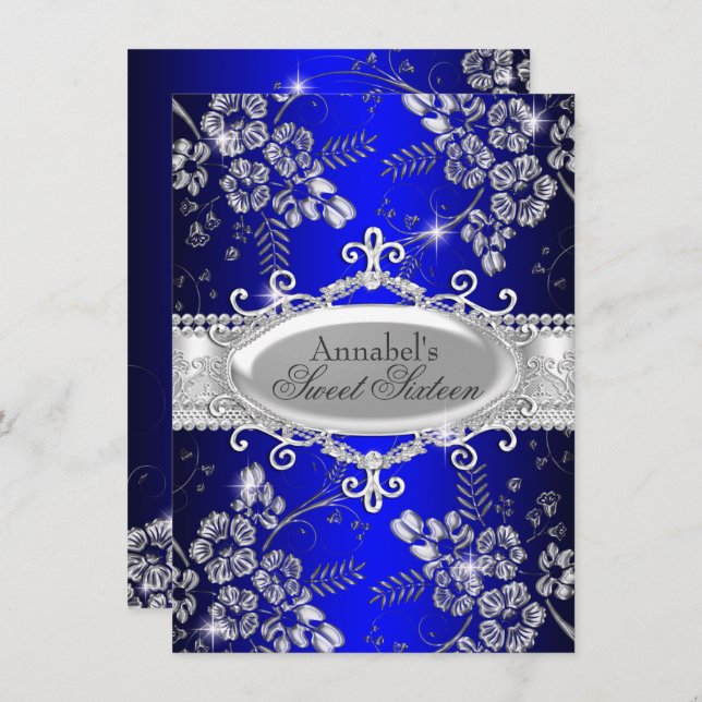 Convite Royal Blue Silver Sparkle Flower Sweet 16 Invite (Frente/Verso)