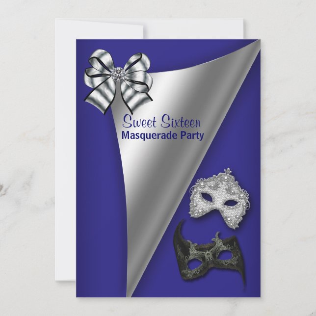 Convite Royal Blue Silver Sweet 16 Partido Mascarada (Frente)