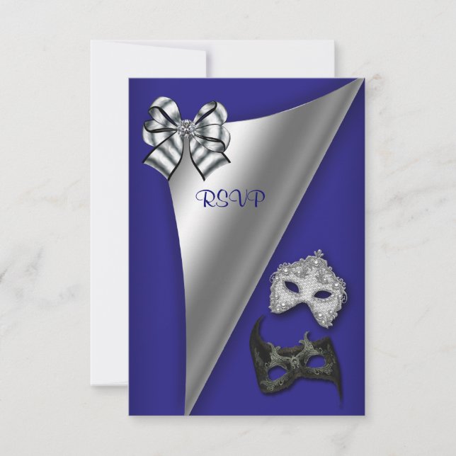 Convite Royal Blue Silver Sweet 16 Partido Mascarada (Frente)