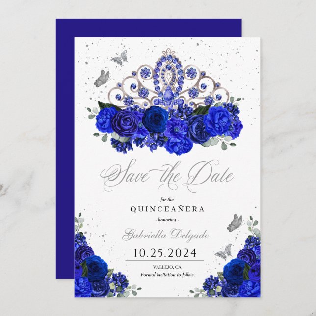Convite Royal Blue Silver Tiara Salve A Data Quinceañera (Frente/Verso)