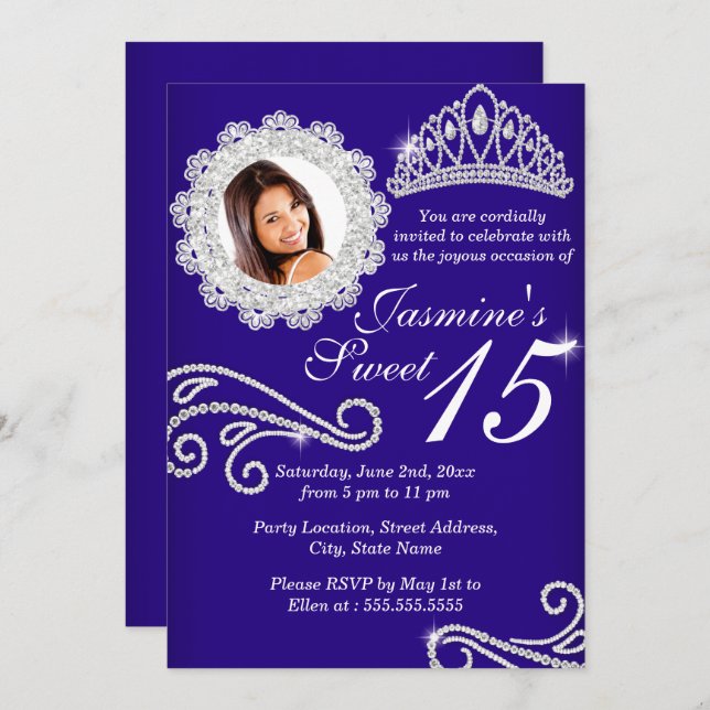 Convite Royal Blue Sparkle Diamond Tiara Foto Quinceanera (Frente/Verso)