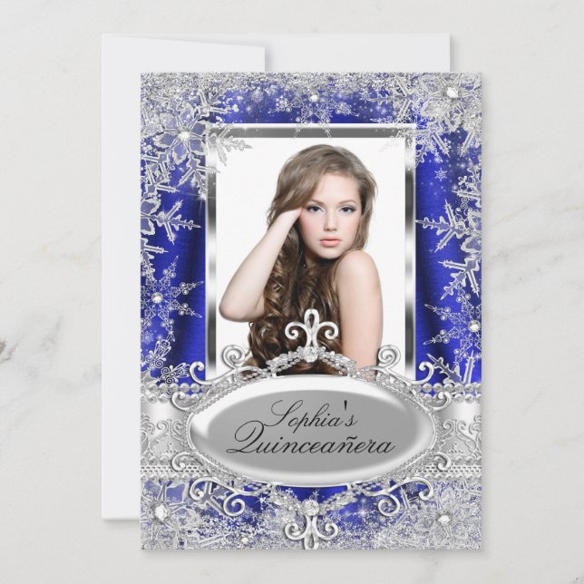 Convite Royal Blue Sparkle Jewel Snowflake Quinceanera (Frente)