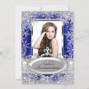 Convite Royal Blue Sparkle Jewel Snowflake Quinceanera