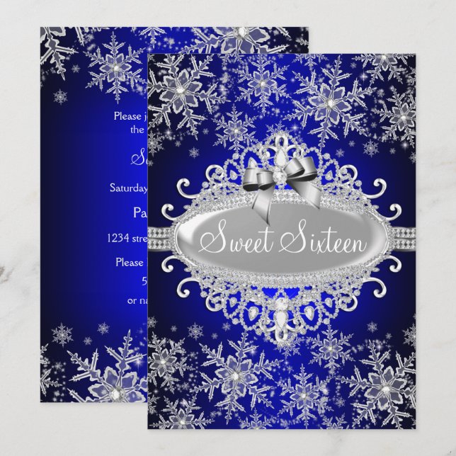 Convite Royal Blue Sparkle Snowflake Sweet 16 (Frente/Verso)