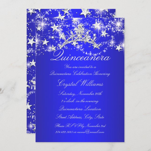 Convite Royal Blue Sparkle Tiara Stars Quinceanera (Frente/Verso)