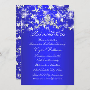 Convite Royal Blue Sparkle Tiara Stars Quinceanera