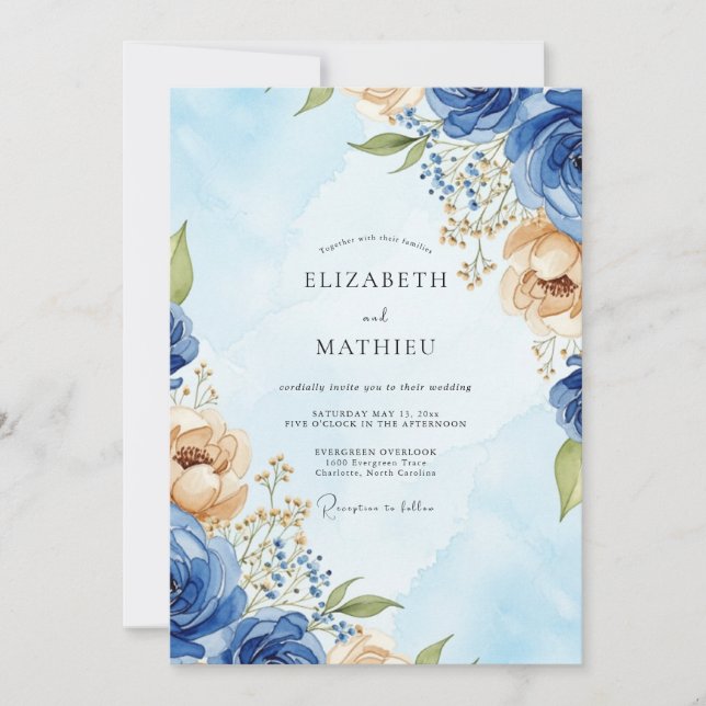 Convite Royal Blue Stately Watercolor Wedding (Frente)