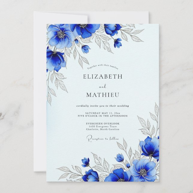 Convite Royal Blue Striking Botanical Wedding (Frente)