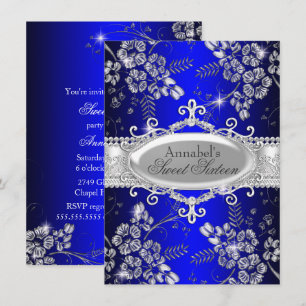 Convite Royal Blue Sweet 16 com Brilho de Prata