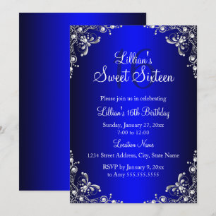 Convite Royal Blue Sweet 16 Pérola Prateada Damask