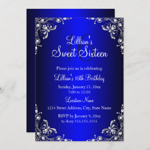 Convite Royal Blue Sweet 16 Silver Pearl Damask