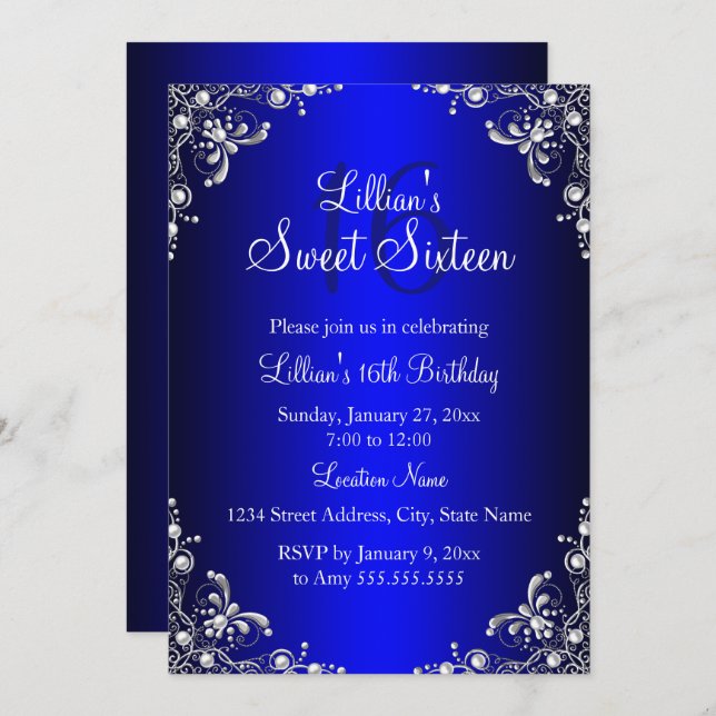 Convite Royal Blue Sweet 16 Silver Pearl Damask (Frente/Verso)