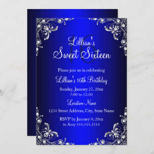 Convite Royal Blue Sweet 16 Silver Pearl Damask