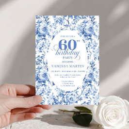 Convite Royal Blue Toile Roses 60th Birthday Invite Printa