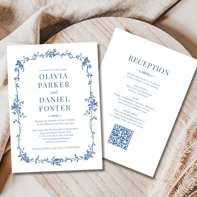 Convite Royal Blue Victorian QR Code All in One Wedding  (Criador carregado)