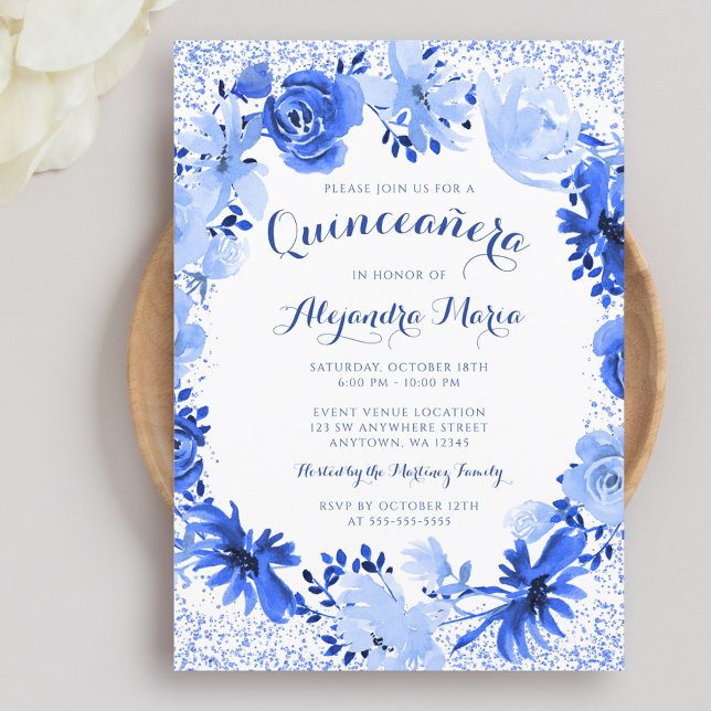 Convite Royal Blue Watercolor Quinceanera Floral (Criador carregado)
