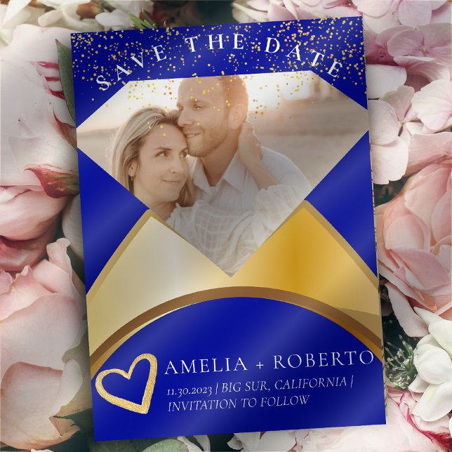 Convite Royal Blue Wedding Ring Salvar a Foto da Data (Criador carregado)