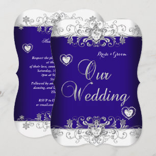 Convite Royal Blue Wedding Silver Diamond Hearts b