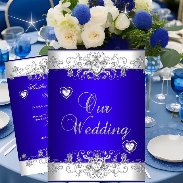 Convite Royal blue Wedding Silver White Diamond Hearts (Criador carregado)
