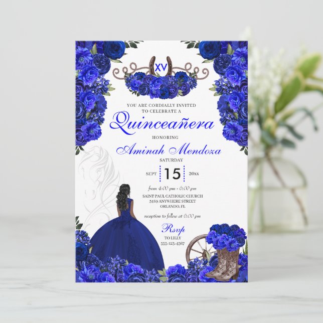 Convite Royal Blue Western Princess Charro Quinceanera (Em pé/Frente)