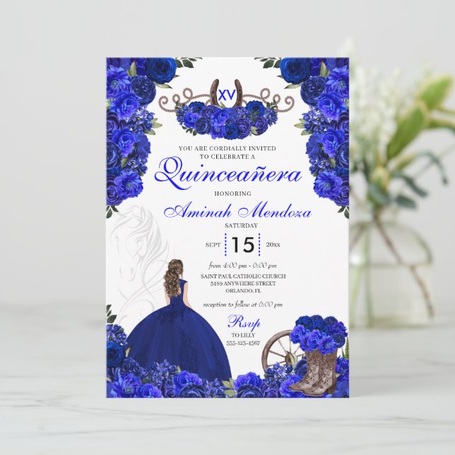 Convite Royal Blue Western Princess Charro Quinceanera (Em pé/Frente)