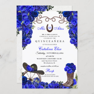 Convite Royal Blue Western Ranchero Quinceanera