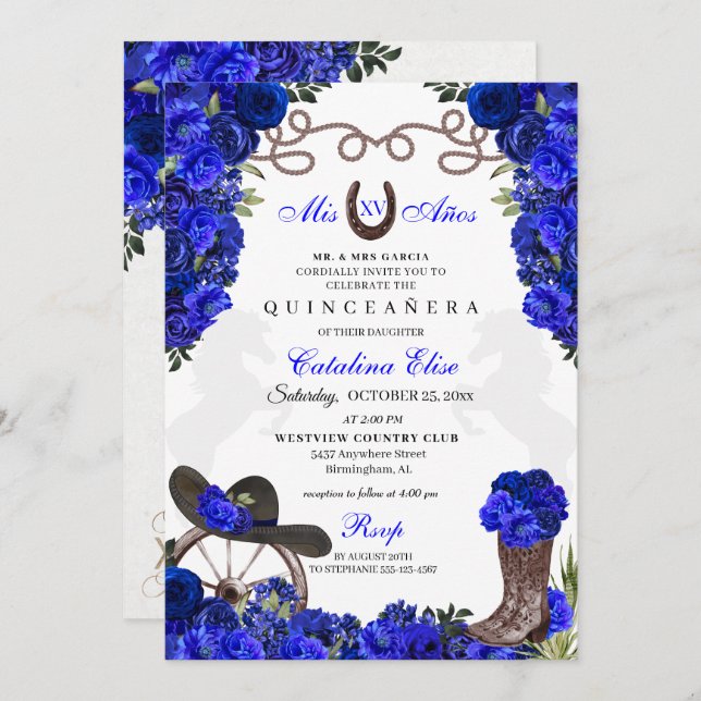 Convite Royal Blue Western Ranchero Quinceanera (Frente/Verso)