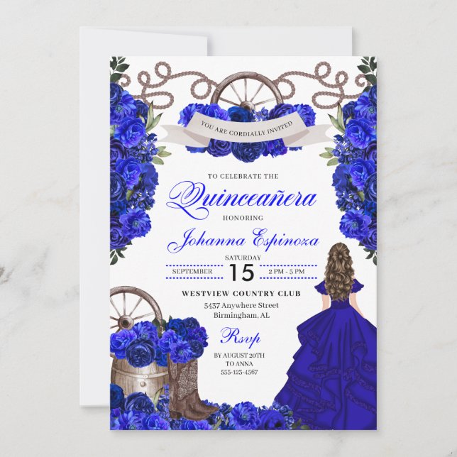 Convite Royal Blue Western Ranchero Quinceanera (Frente)