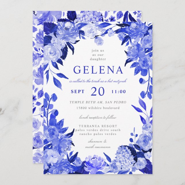 Convite Royal Blue & White Watercolor Bat Mitzvah (Frente/Verso)