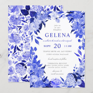 Convite Royal Blue & White Watercolor Bat Mitzvah