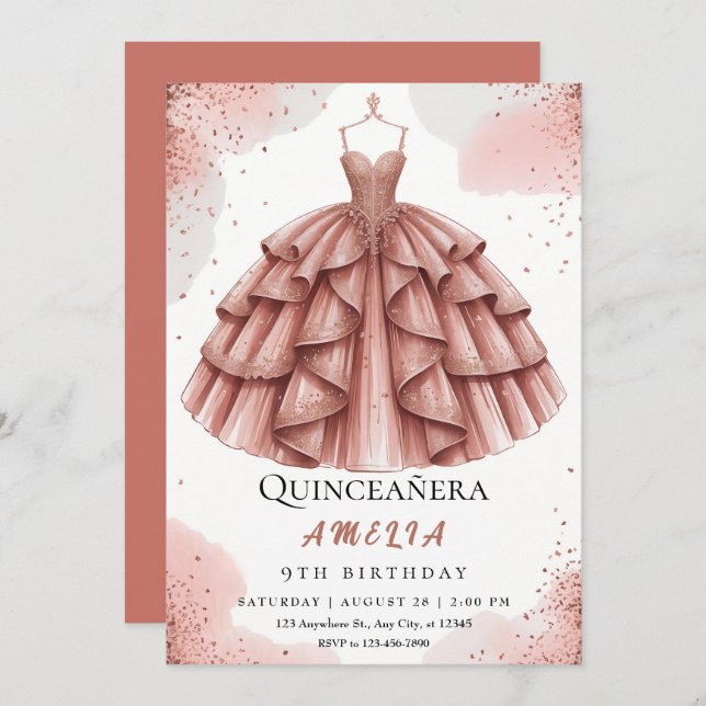 Convite Royal Blush Pink e Rosa Dourado Quinceañera (Frente/Verso)