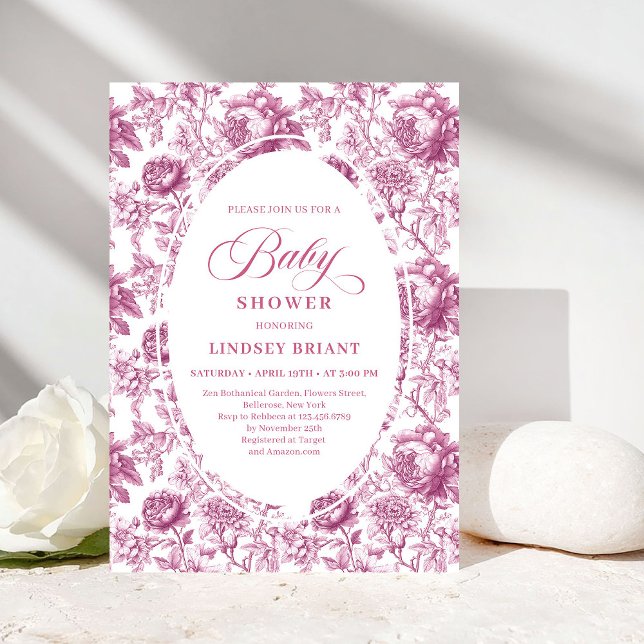Convite Royal Blush Rose Pattern Toile Baby Shower Invite (Royal Blush Rose Pattern Toile Baby Shower Invitation)