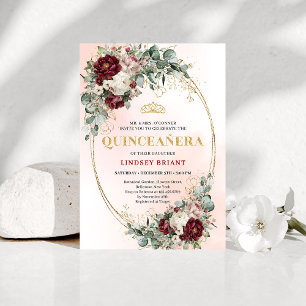 Convite Royal Boho Borgonha Peônias Eucalipto Quinceañera