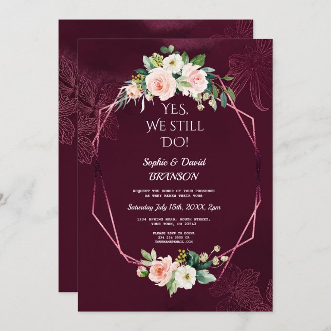 Convite Royal Burgundy Blush Flowers Vow Renewer (Frente/Verso)