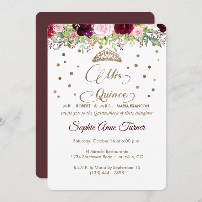 Convite Royal Burgundy Dourada Mis Quince Script Quinceañe (Frente/Verso)