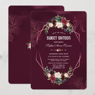Convite Royal Burgundy Floral Geométrico Sweet 16