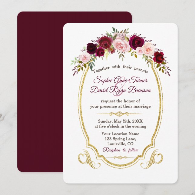 Convite Royal Burgundy Marsala Casamento outono Floral (Frente/Verso)