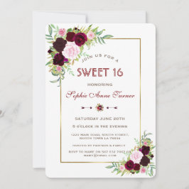 Convite Royal Burgundy Marsala Floral Dourado Sweet 16